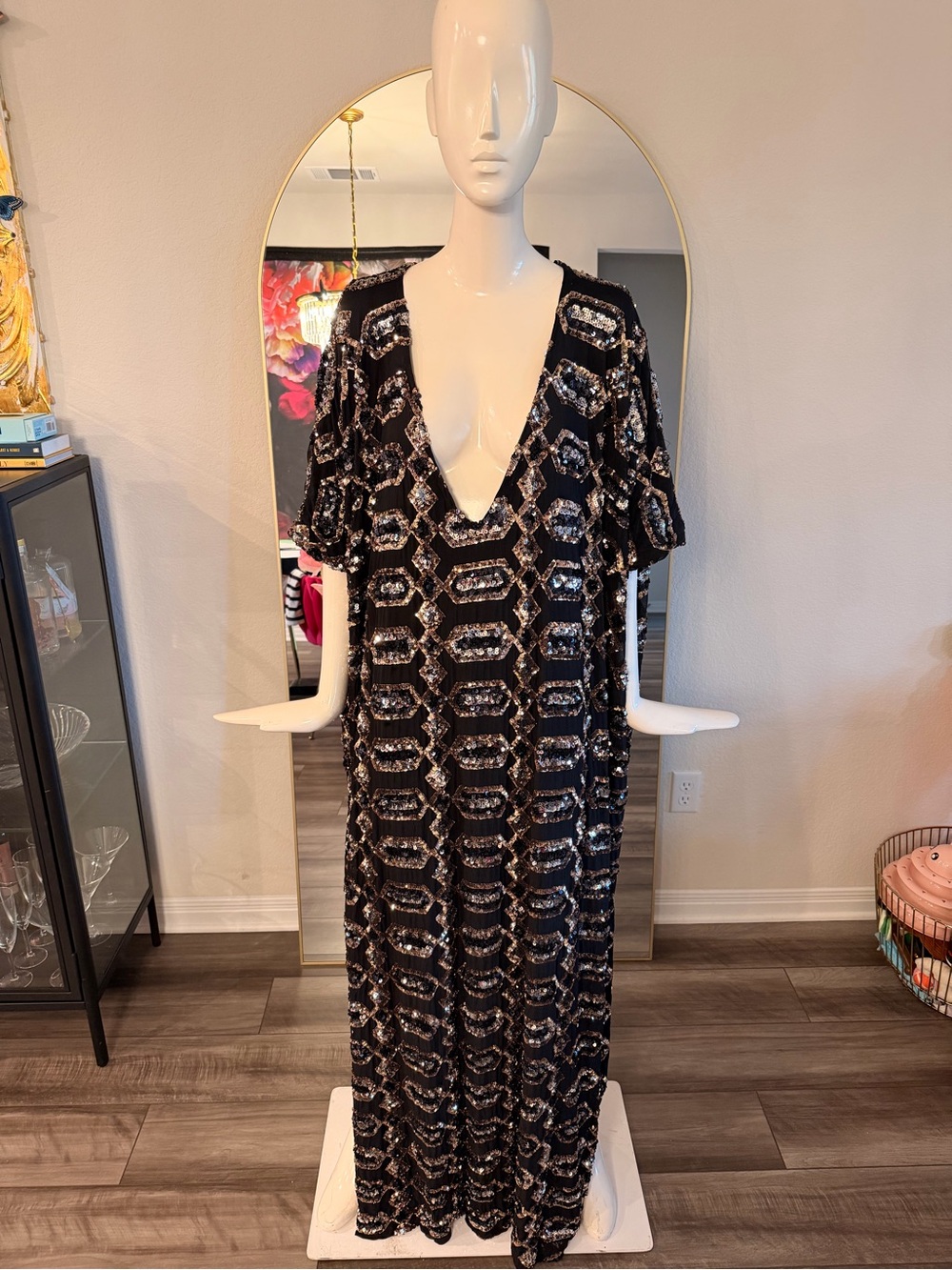 Fringe + Co Studio Black Maxi Dress Caftan with Gold & Silver Sequin Pattern